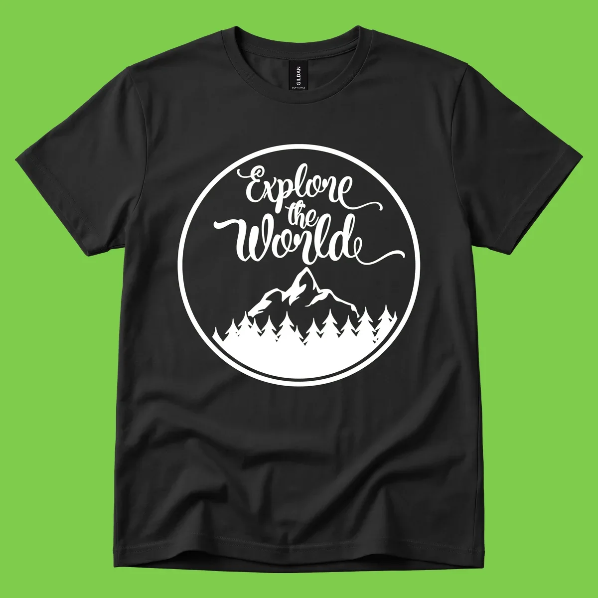 White circular badge with 'Explore the World' cursive text above mountain peak and evergreen forest silhouette on gray background