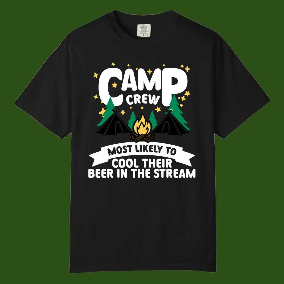 Camp crew most likely to cool beer in stream design with tents, campfire, trees and stars