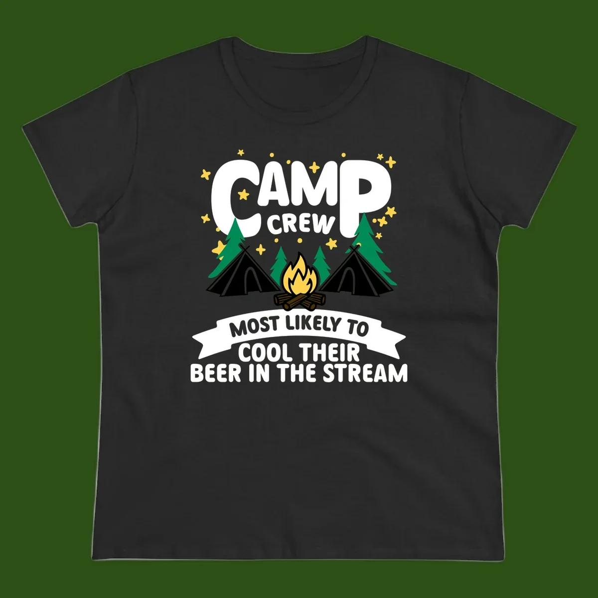 Camp crew most likely to cool beer in stream design with tents, campfire, trees and stars