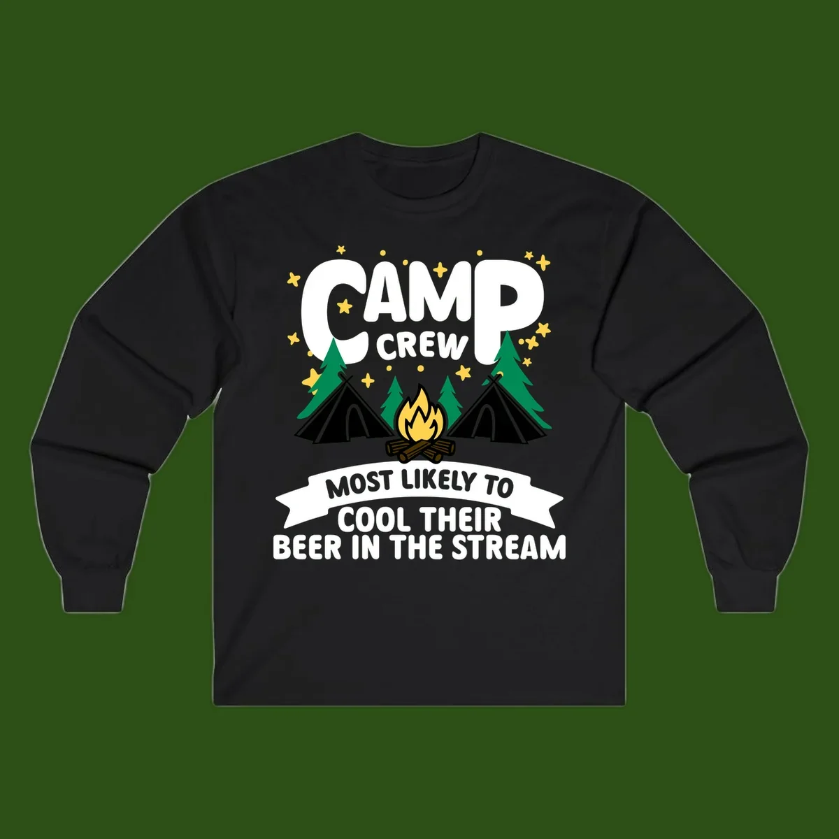 Camp crew most likely to cool beer in stream design with tents, campfire, trees and stars