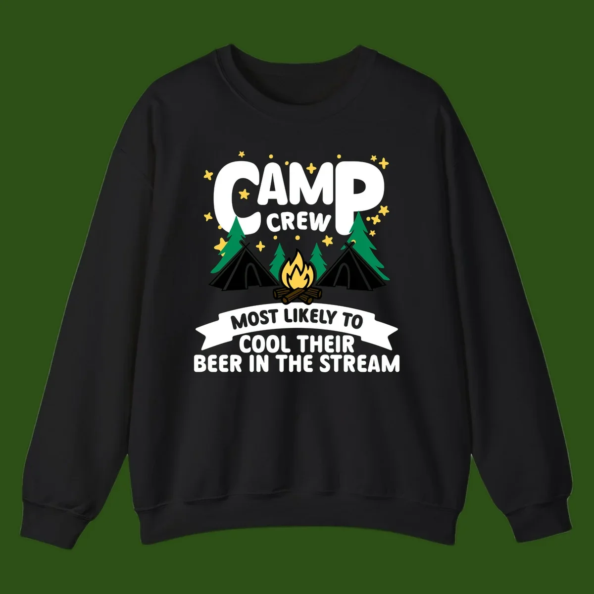 Camp crew most likely to cool beer in stream design with tents, campfire, trees and stars