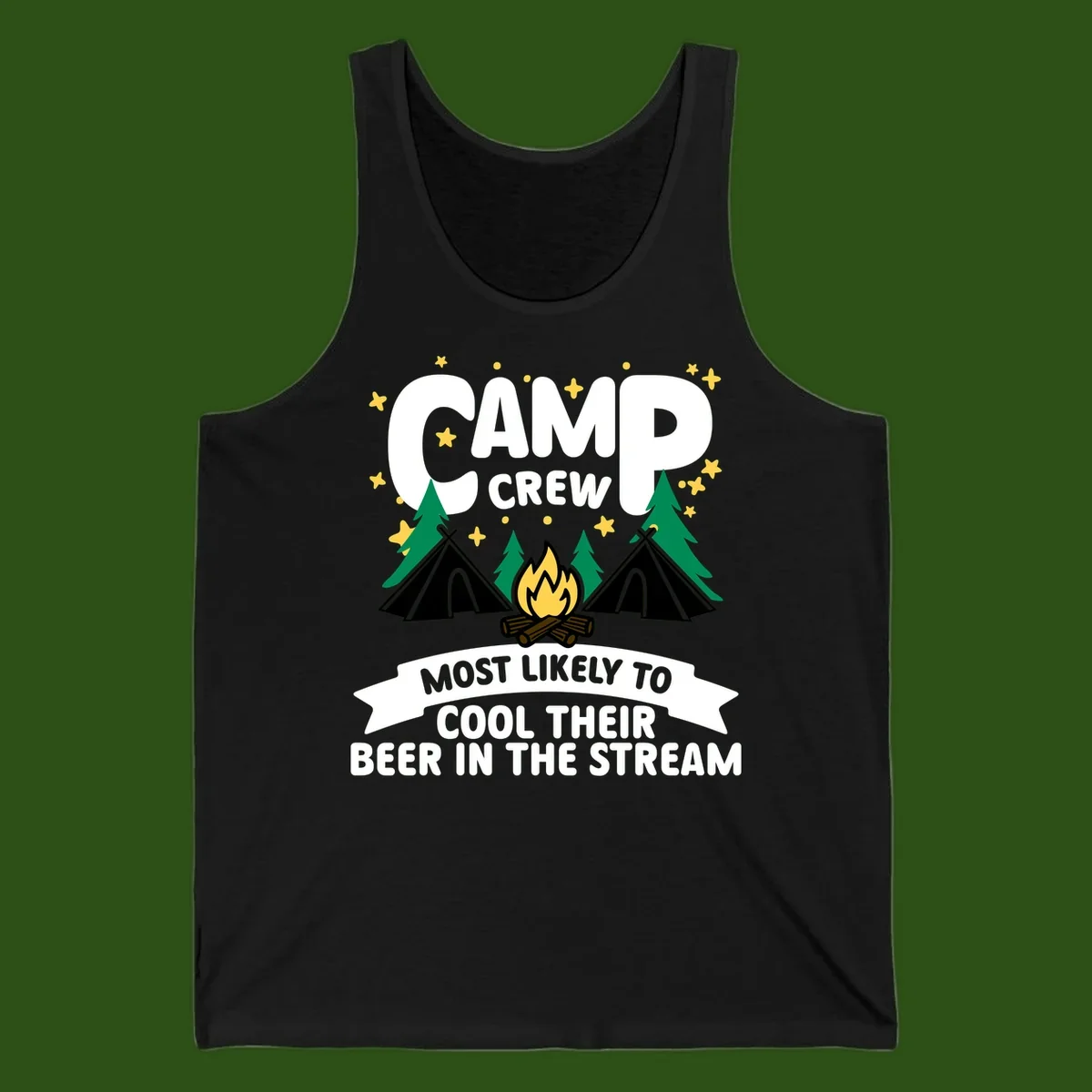 Camp crew most likely to cool beer in stream design with tents, campfire, trees and stars