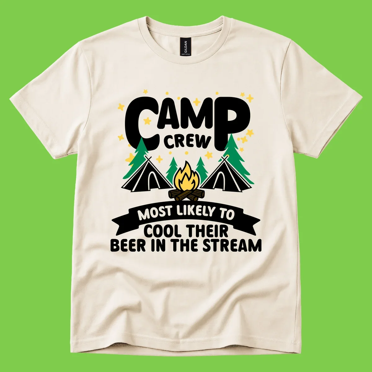 Camp crew most likely to cool beer in stream design with tents, campfire, trees and stars