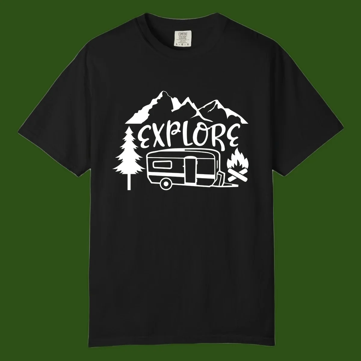 White line art design showing mountains, pine trees, travel trailer, and campfire with EXPLORE text on gray background