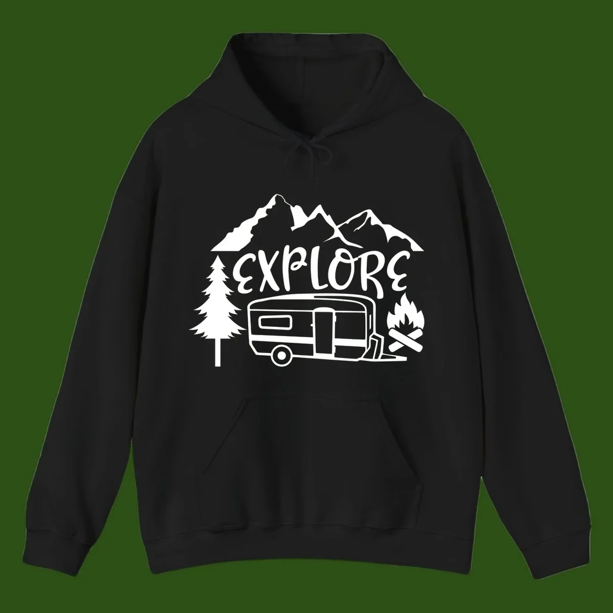 White line art design showing mountains, pine trees, travel trailer, and campfire with EXPLORE text on gray background