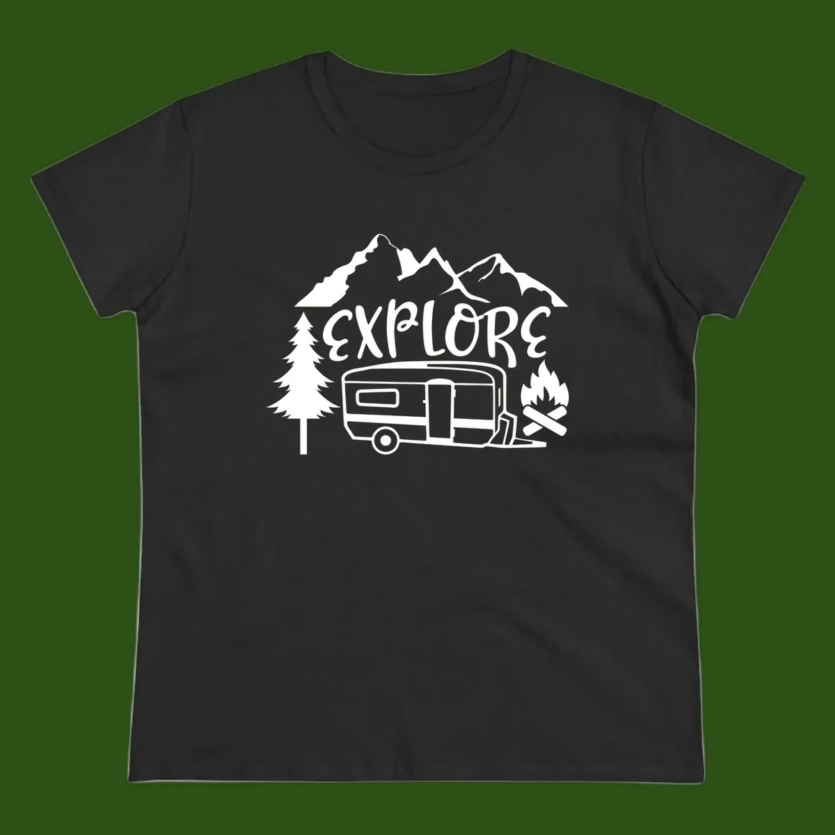 White line art design showing mountains, pine trees, travel trailer, and campfire with EXPLORE text on gray background