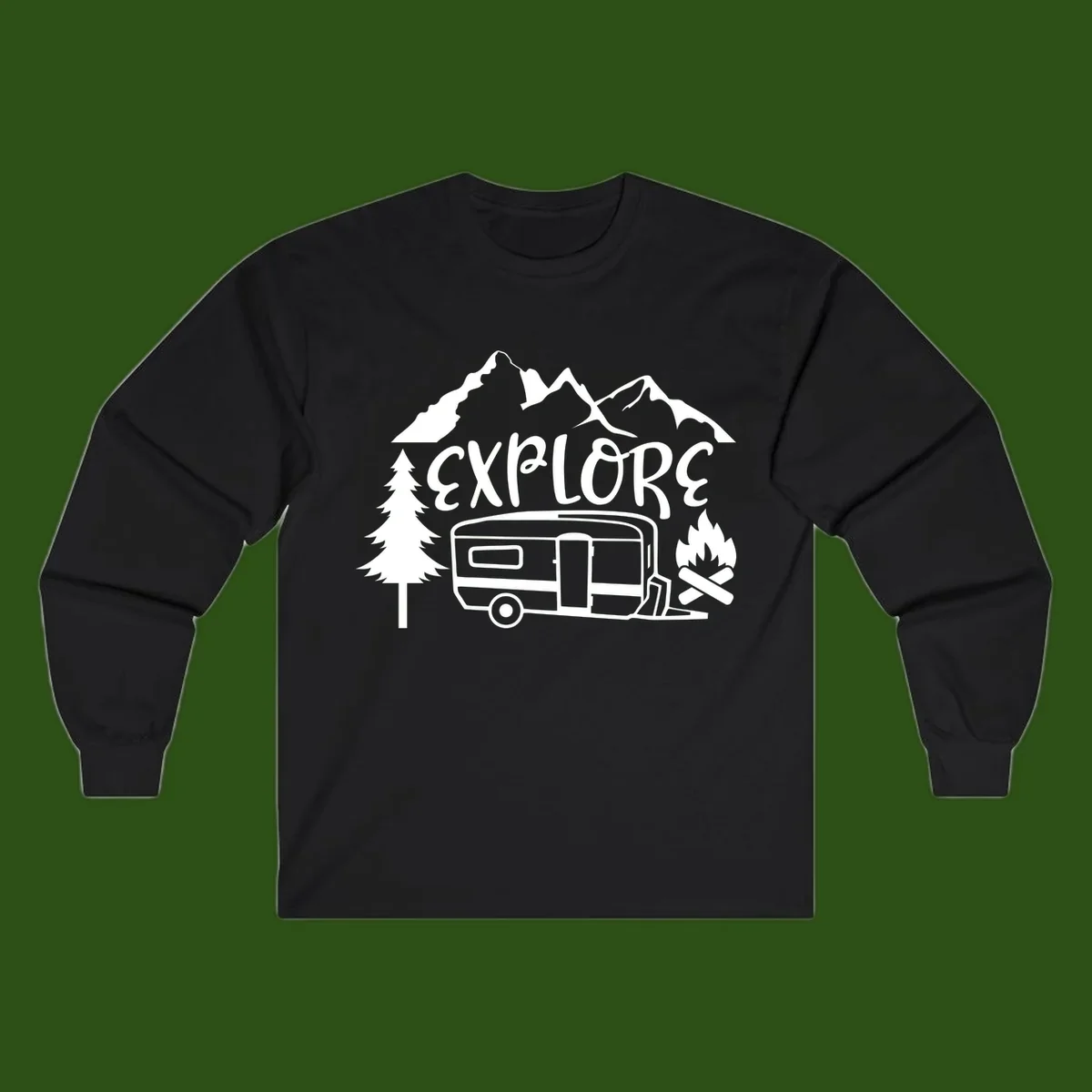 White line art design showing mountains, pine trees, travel trailer, and campfire with EXPLORE text on gray background