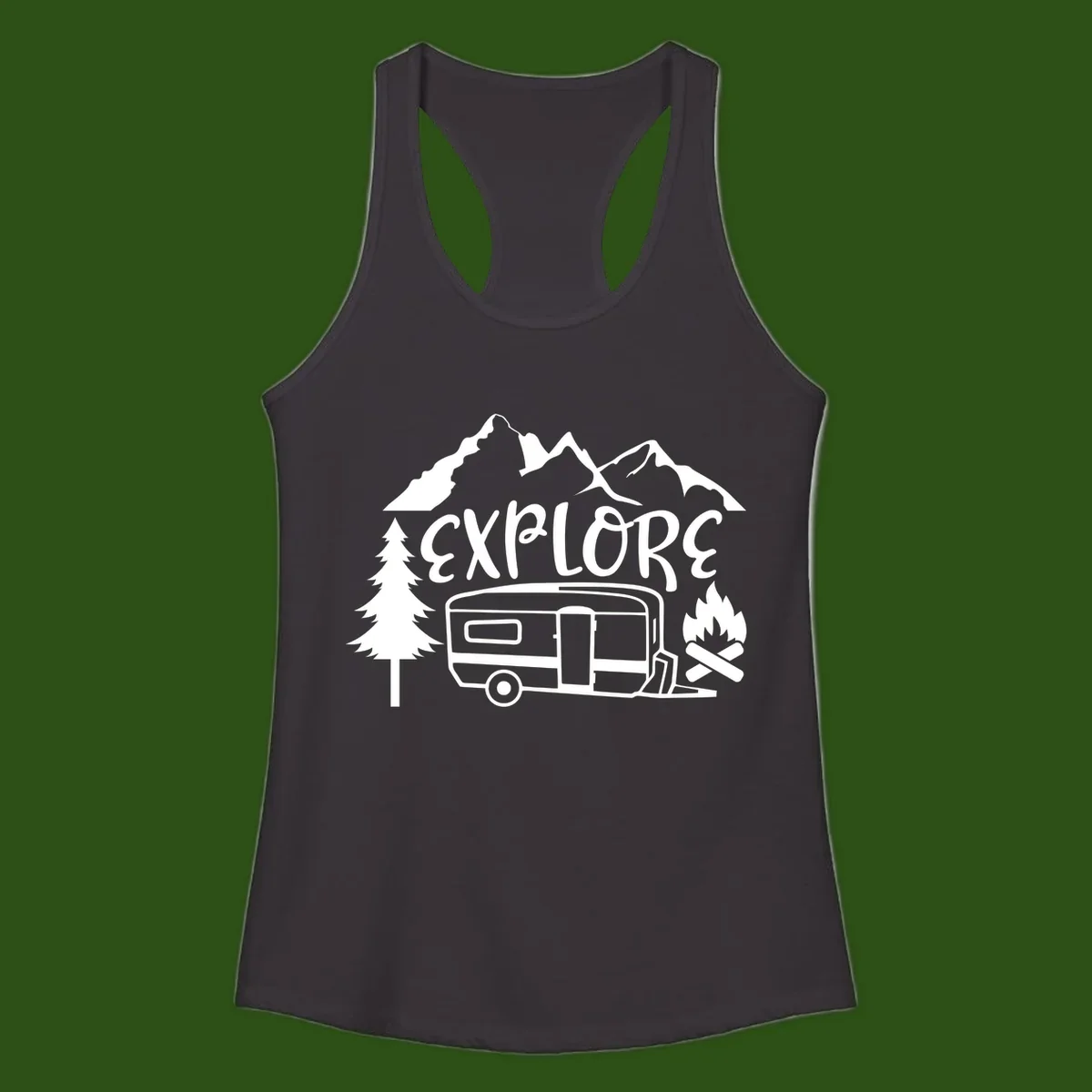 White line art design showing mountains, pine trees, travel trailer, and campfire with EXPLORE text on gray background