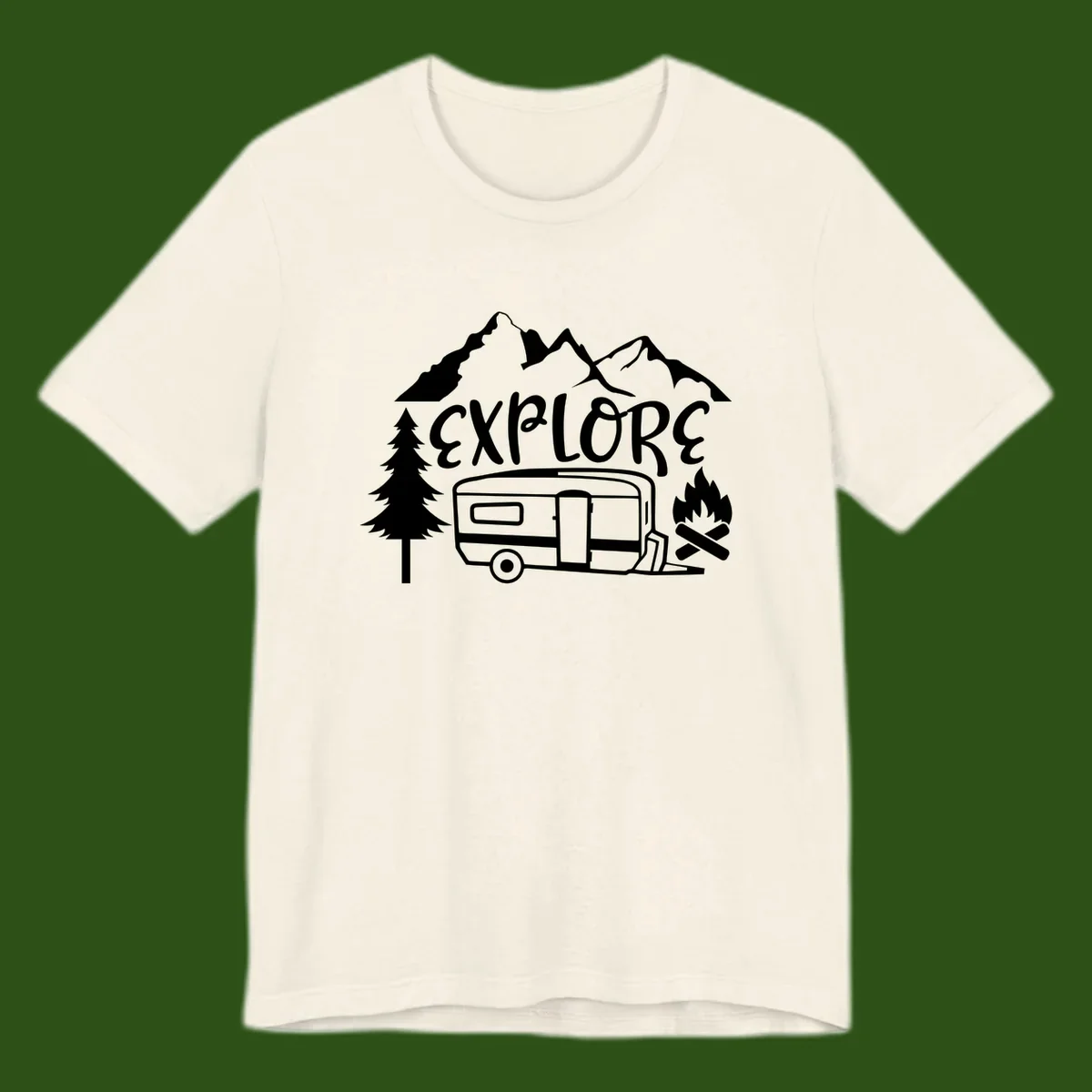 White line art design showing mountains, pine trees, travel trailer, and campfire with EXPLORE text on gray background