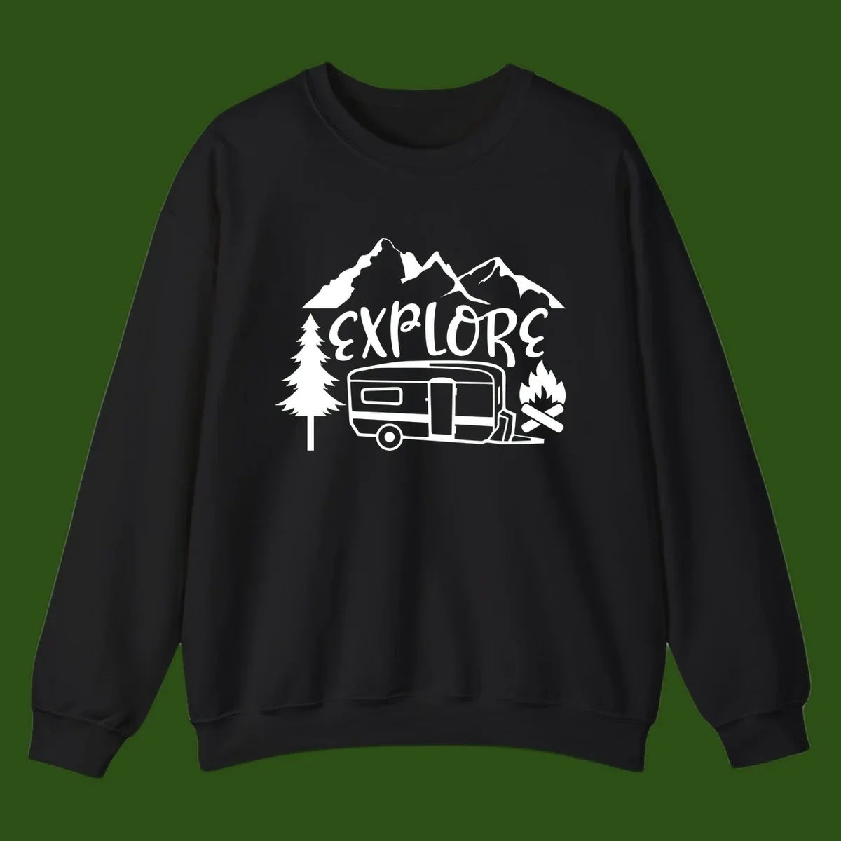 White line art design showing mountains, pine trees, travel trailer, and campfire with EXPLORE text on gray background
