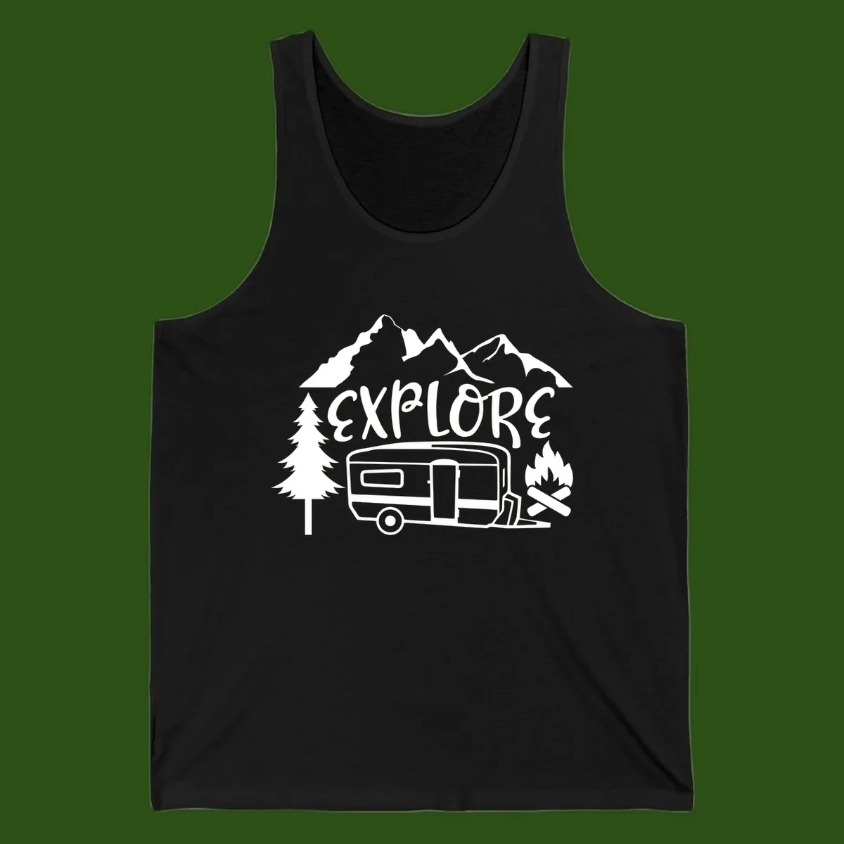 White line art design showing mountains, pine trees, travel trailer, and campfire with EXPLORE text on gray background
