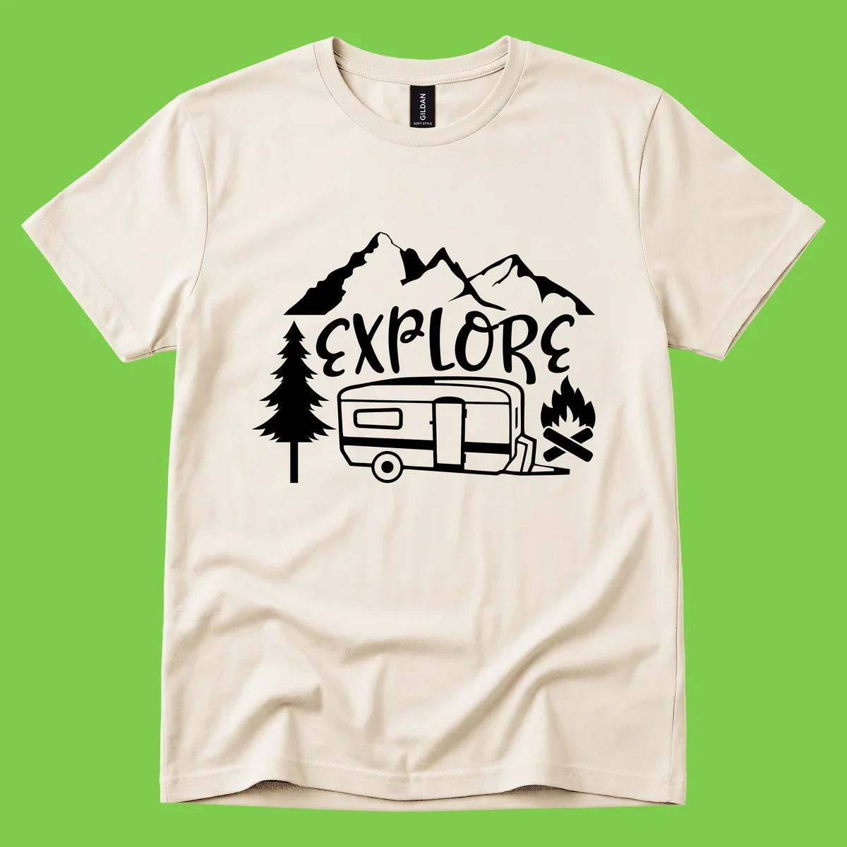 White line art design showing mountains, pine trees, travel trailer, and campfire with EXPLORE text on gray background