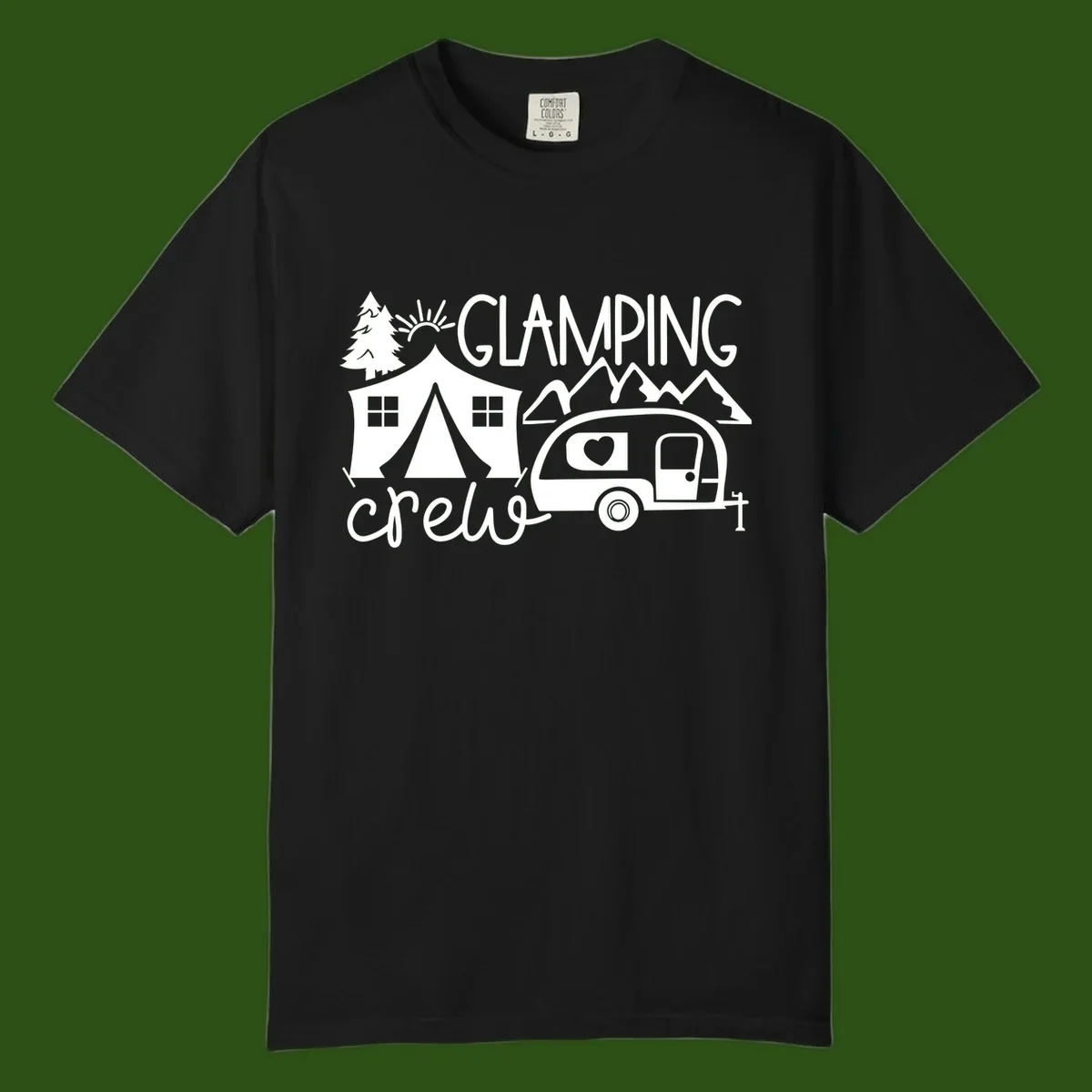 Glamping crew design with tent, travel trailer, mountains, tree and sun on gray background