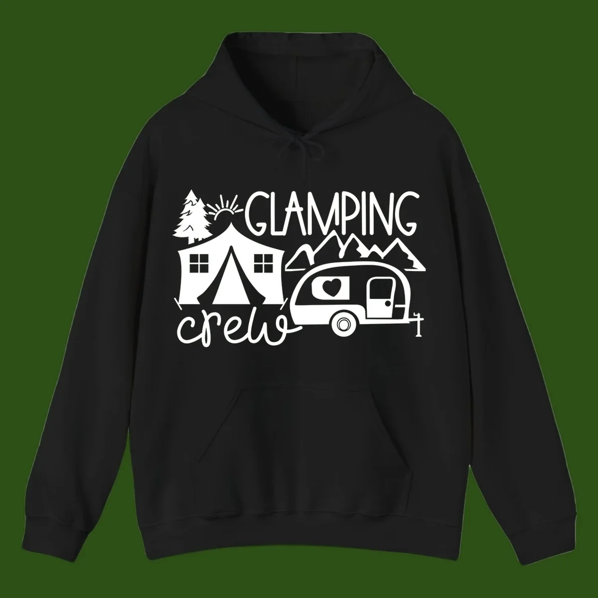 Glamping crew design with tent, travel trailer, mountains, tree and sun on gray background