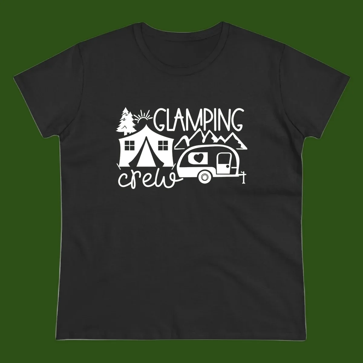 Glamping crew design with tent, travel trailer, mountains, tree and sun on gray background