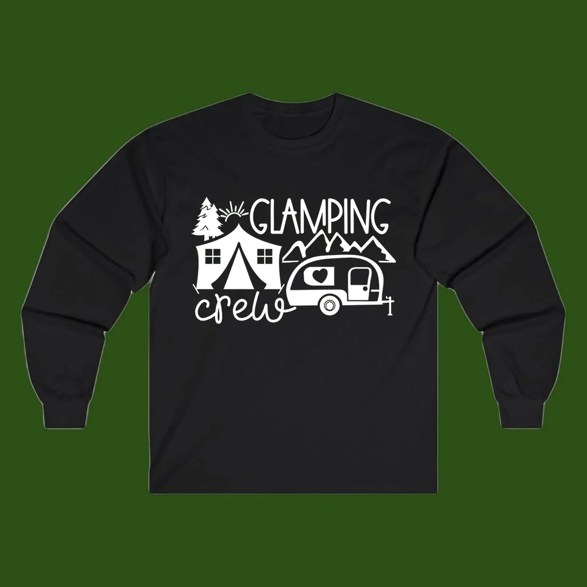 Glamping crew design with tent, travel trailer, mountains, tree and sun on gray background