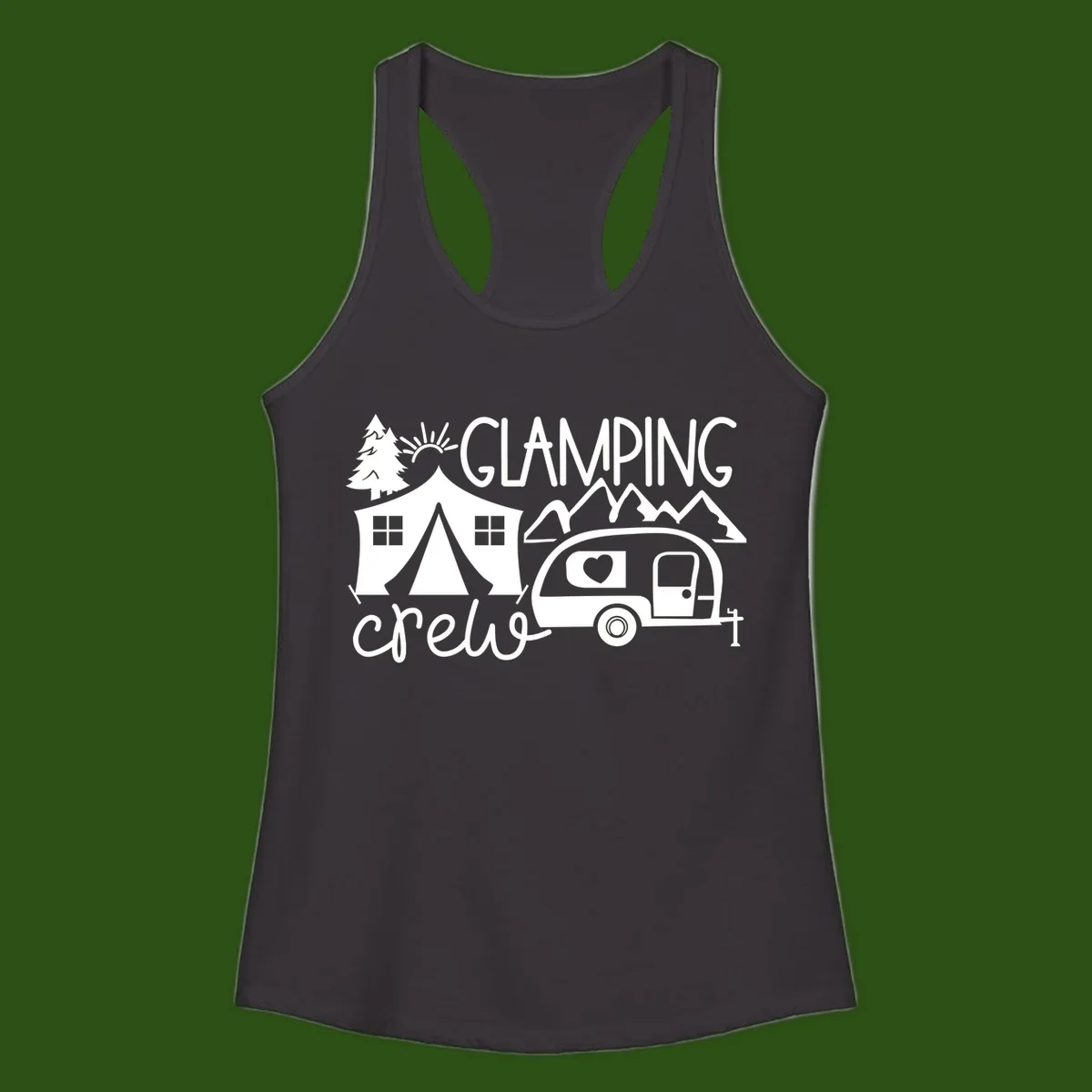 Glamping crew design with tent, travel trailer, mountains, tree and sun on gray background