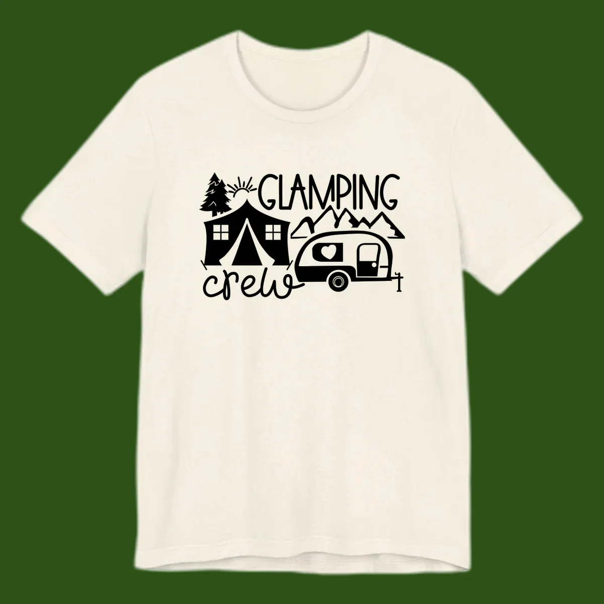 Glamping crew design with tent, travel trailer, mountains, tree and sun on gray background