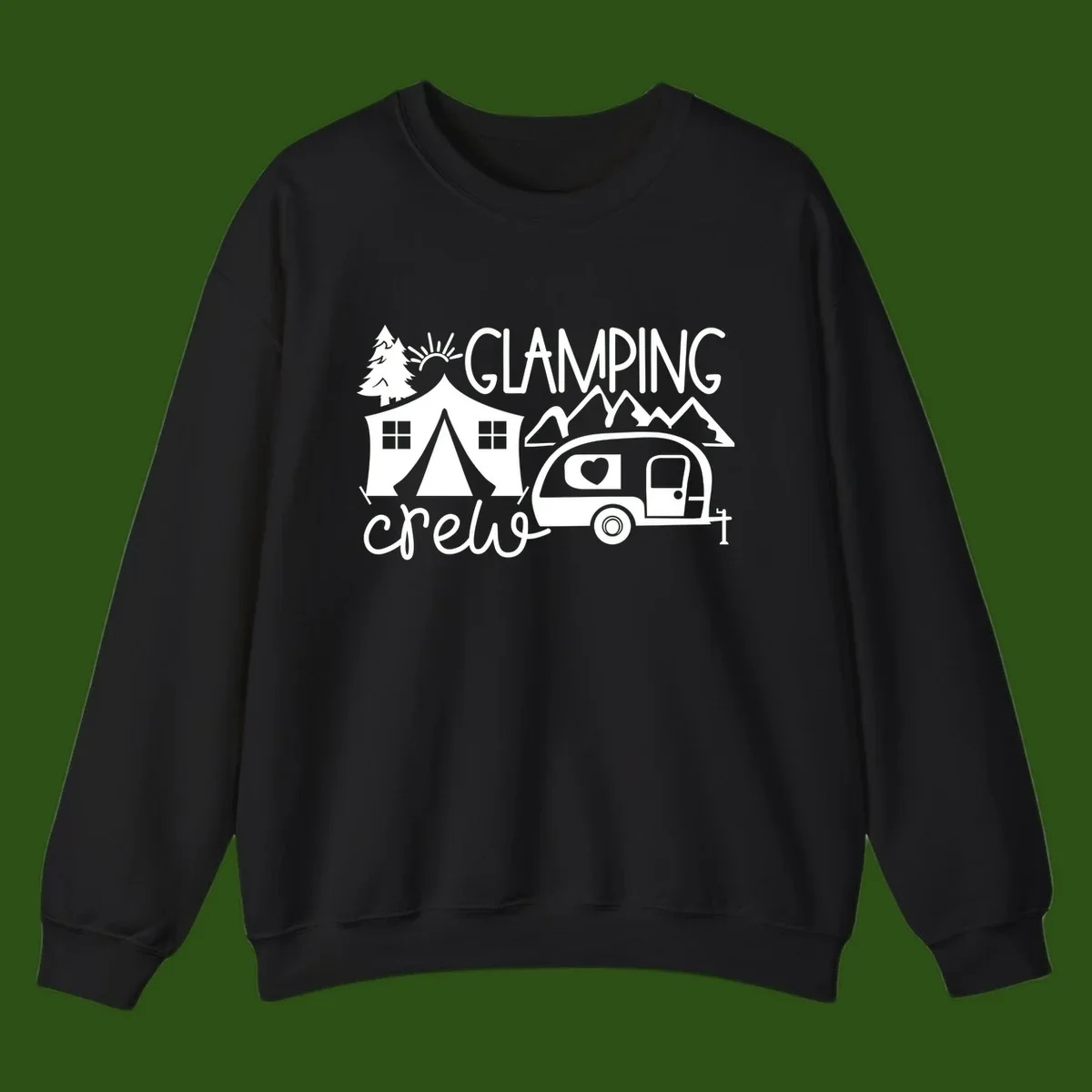 Glamping crew design with tent, travel trailer, mountains, tree and sun on gray background