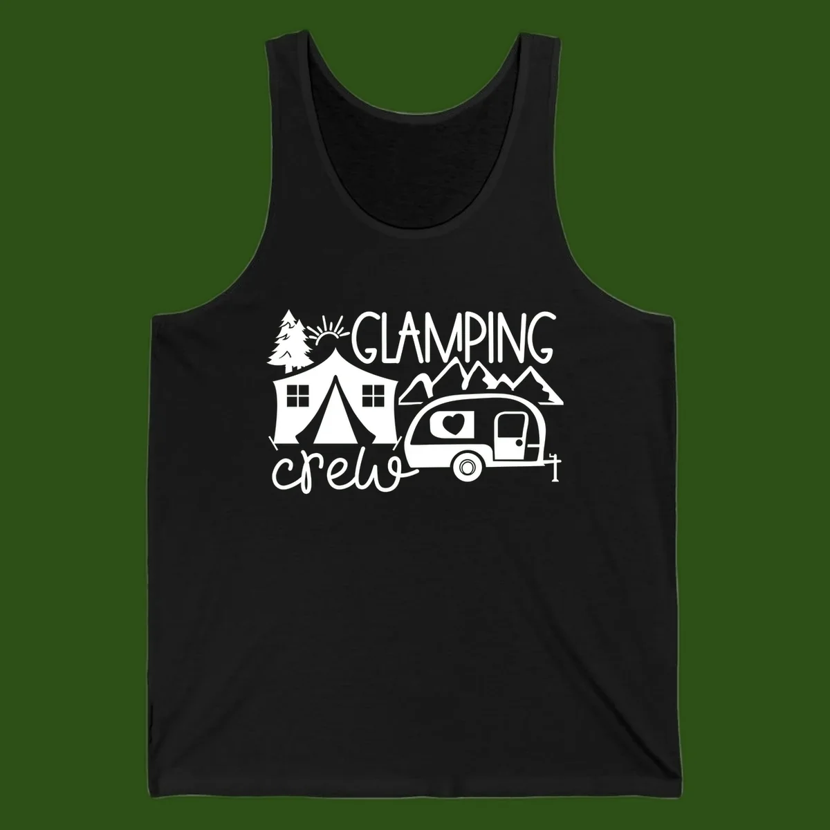 Glamping crew design with tent, travel trailer, mountains, tree and sun on gray background