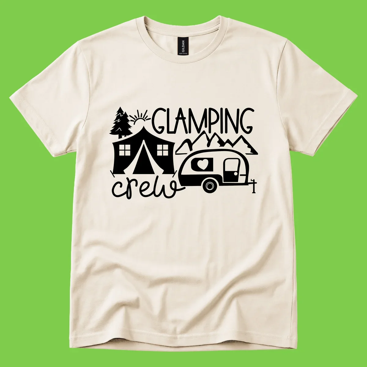 Glamping crew design with tent, travel trailer, mountains, tree and sun on gray background