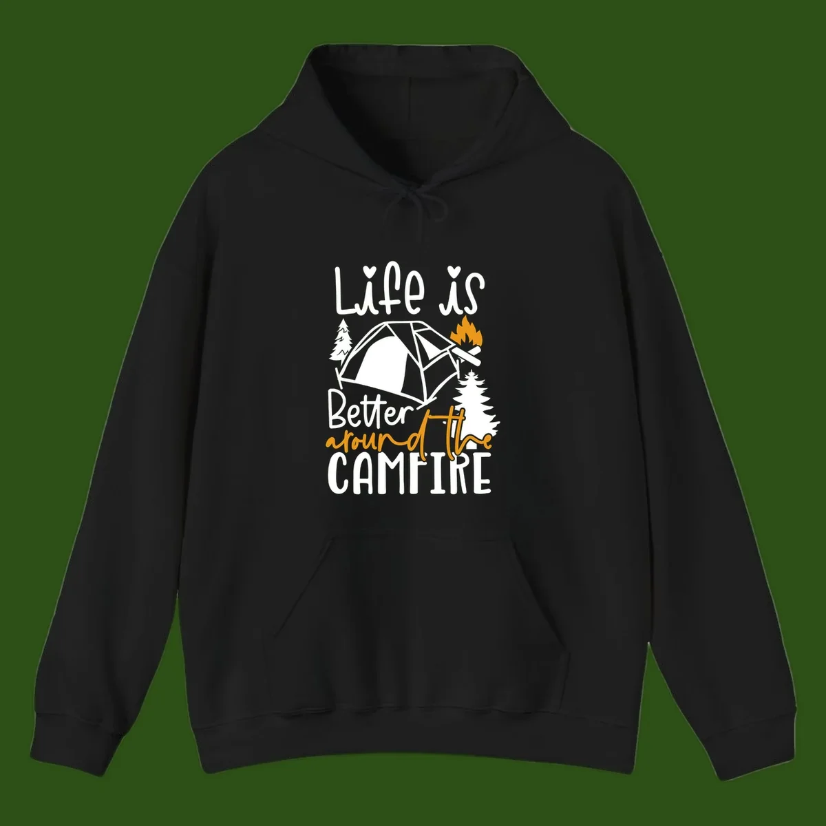Campfire life better design with tent, campfire flames, pine trees, and hand-lettered text on gray background