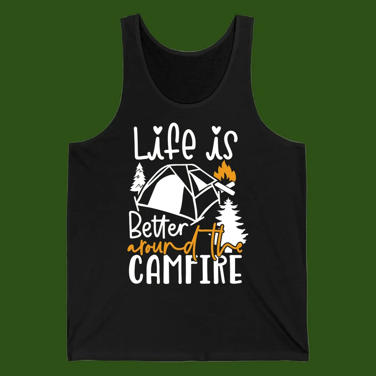 Campfire life better design with tent, campfire flames, pine trees, and hand-lettered text on gray background