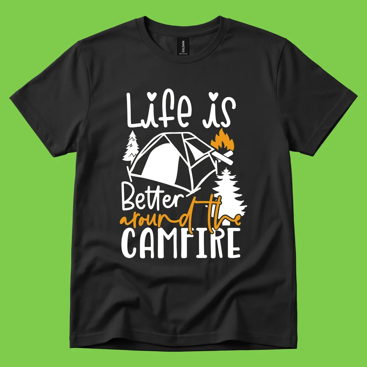 Campfire life better design with tent, campfire flames, pine trees, and hand-lettered text on gray background