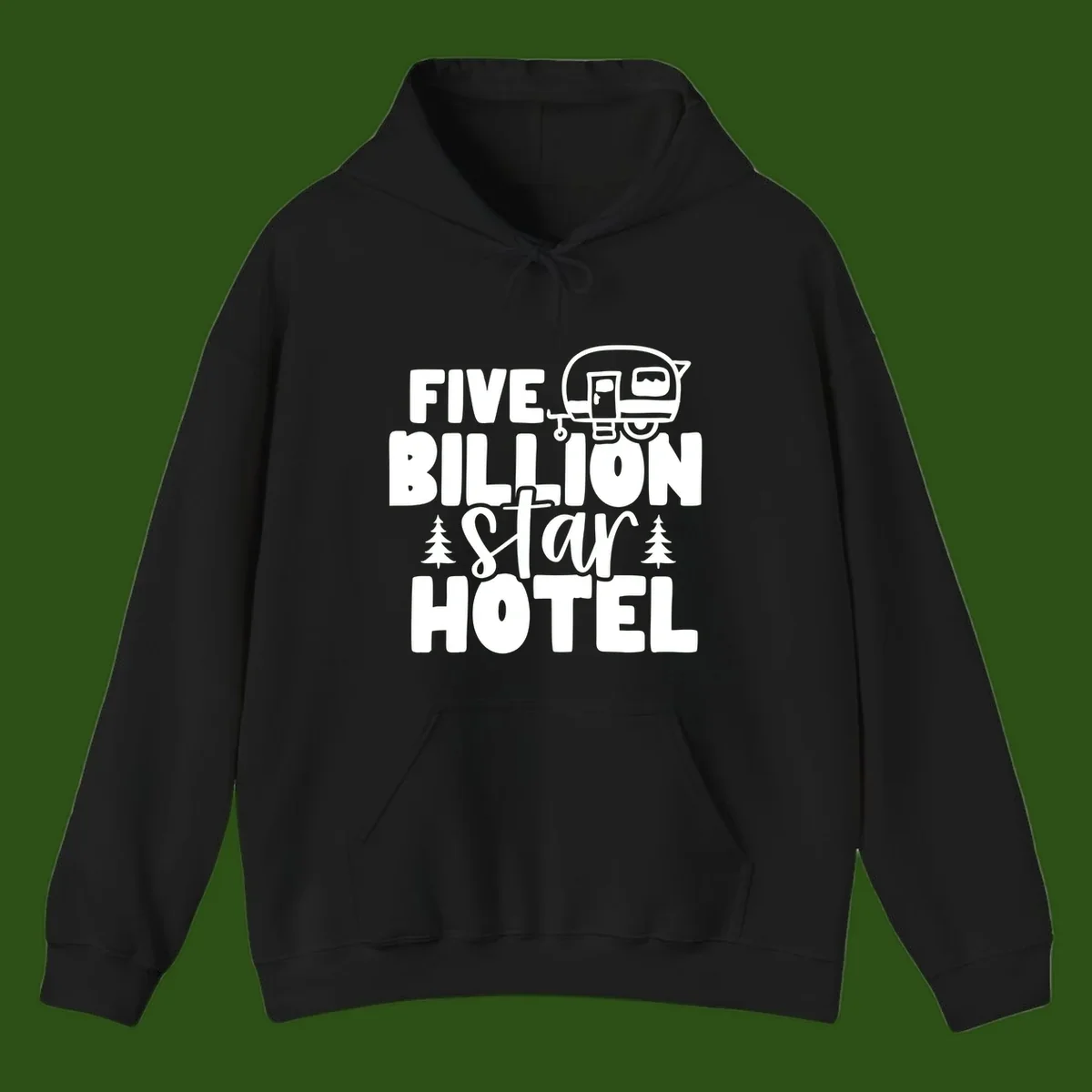 Vintage travel trailer design with 'Five Billion Star Hotel' text and pine trees on gray background