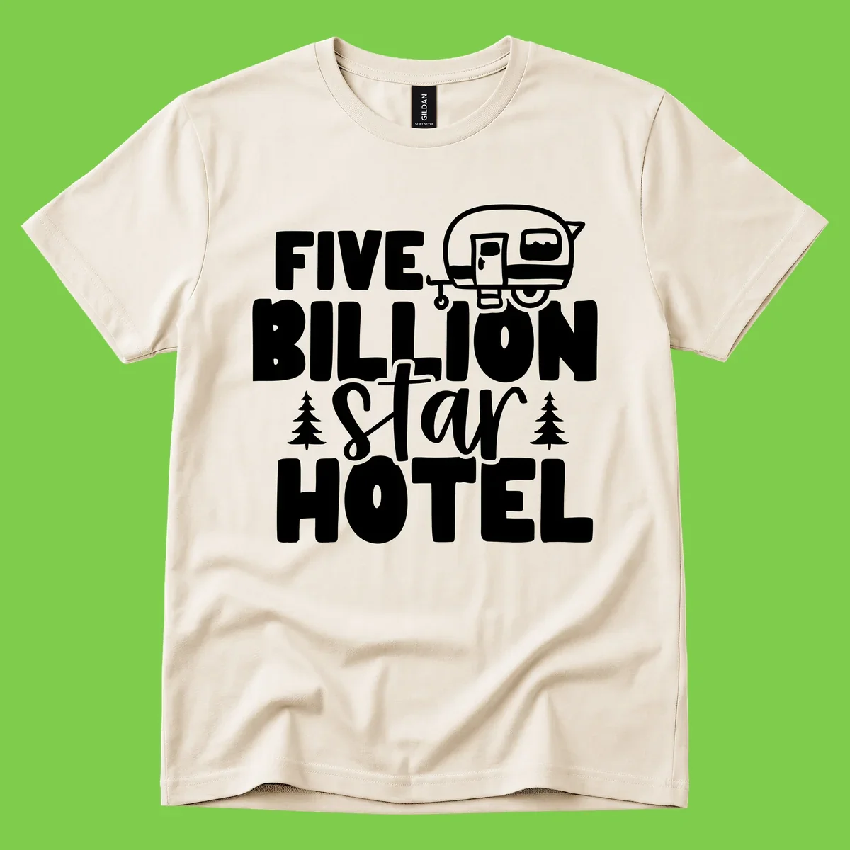 Vintage travel trailer design with 'Five Billion Star Hotel' text and pine trees on gray background