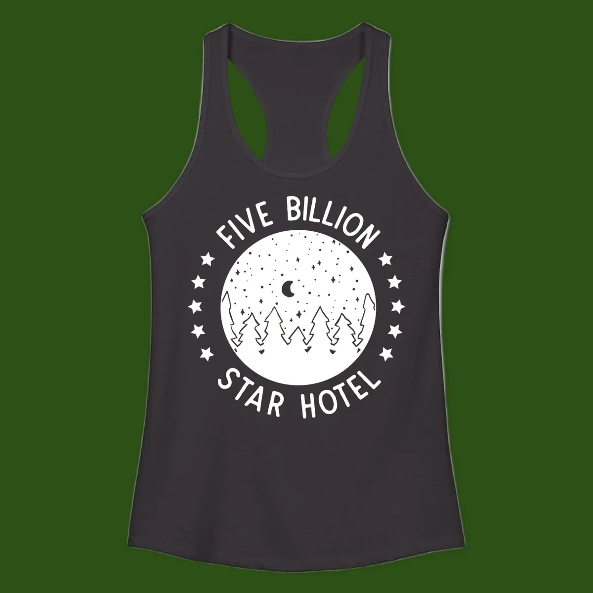 Illustration of crescent moon and pine forest with starry night sky, text reads Five Billion Star Hotel