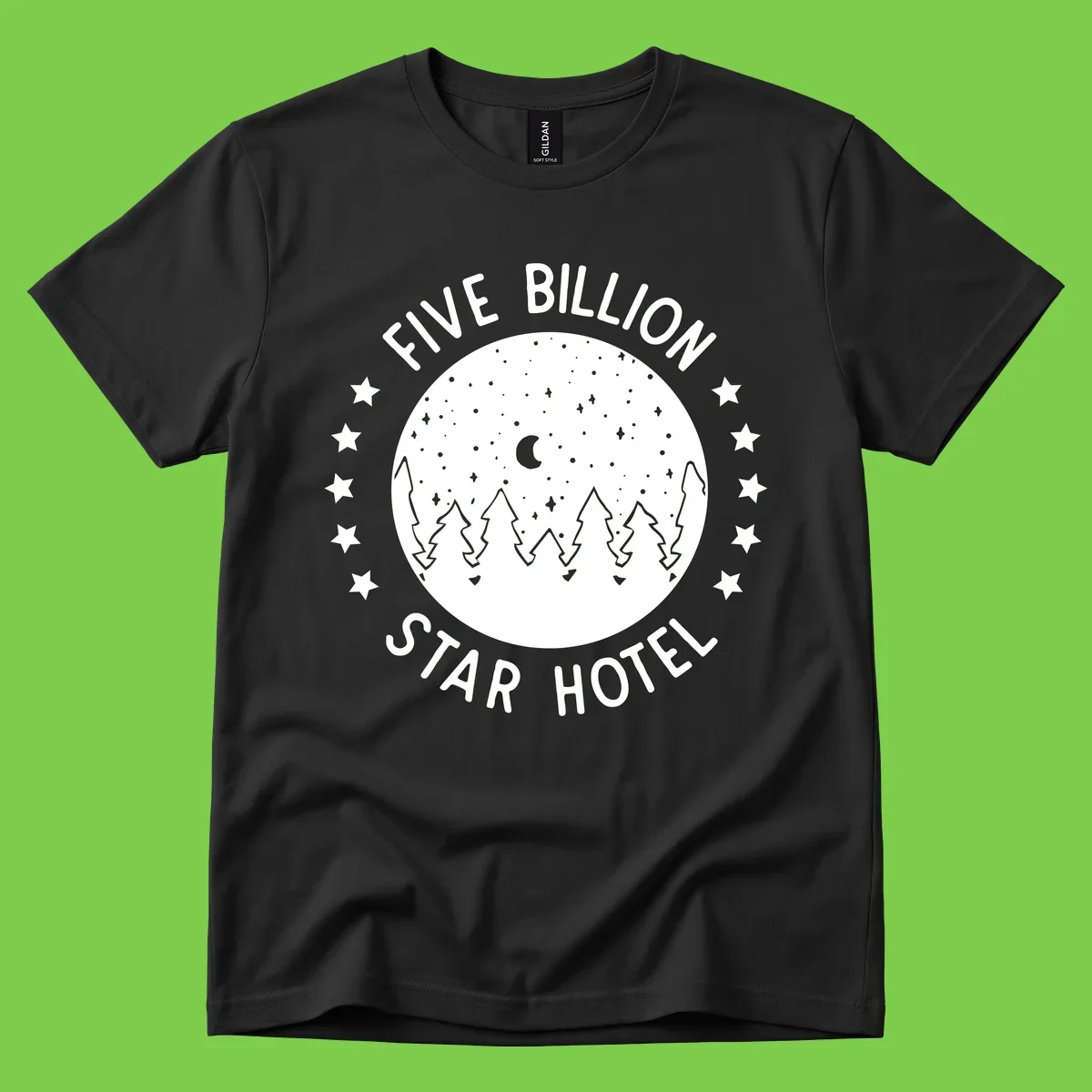 Illustration of crescent moon and pine forest with starry night sky, text reads Five Billion Star Hotel