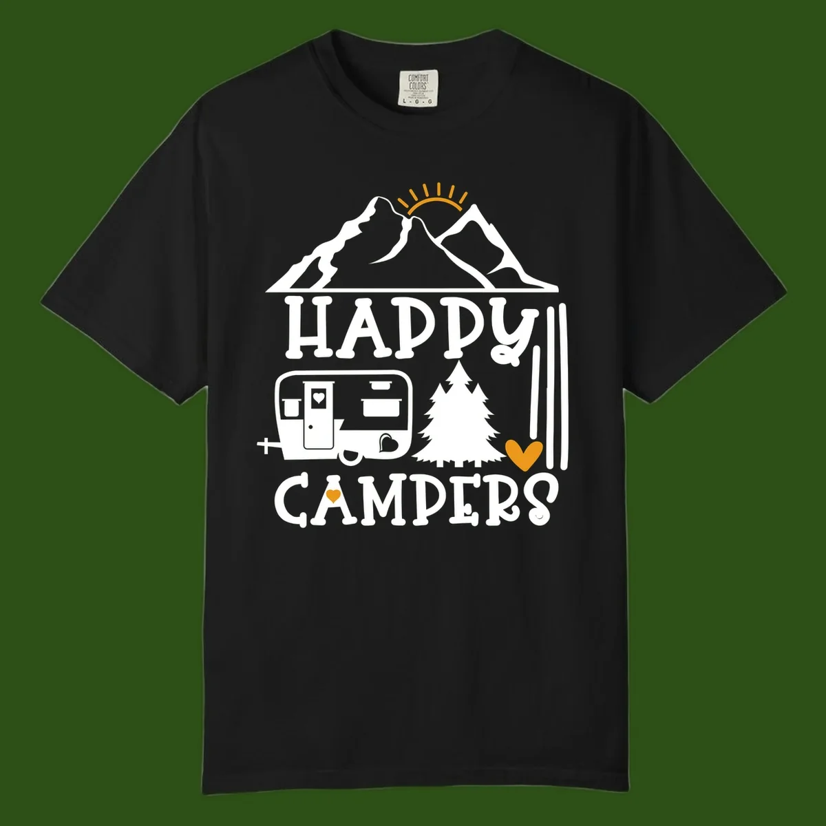Happy Campers design with mountains, sun, RV trailer, evergreen tree, and gold hearts on gray background