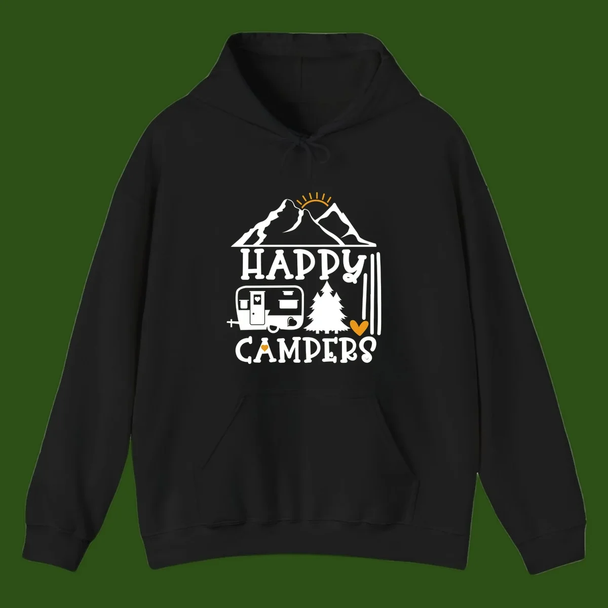 Happy Campers design with mountains, sun, RV trailer, evergreen tree, and gold hearts on gray background