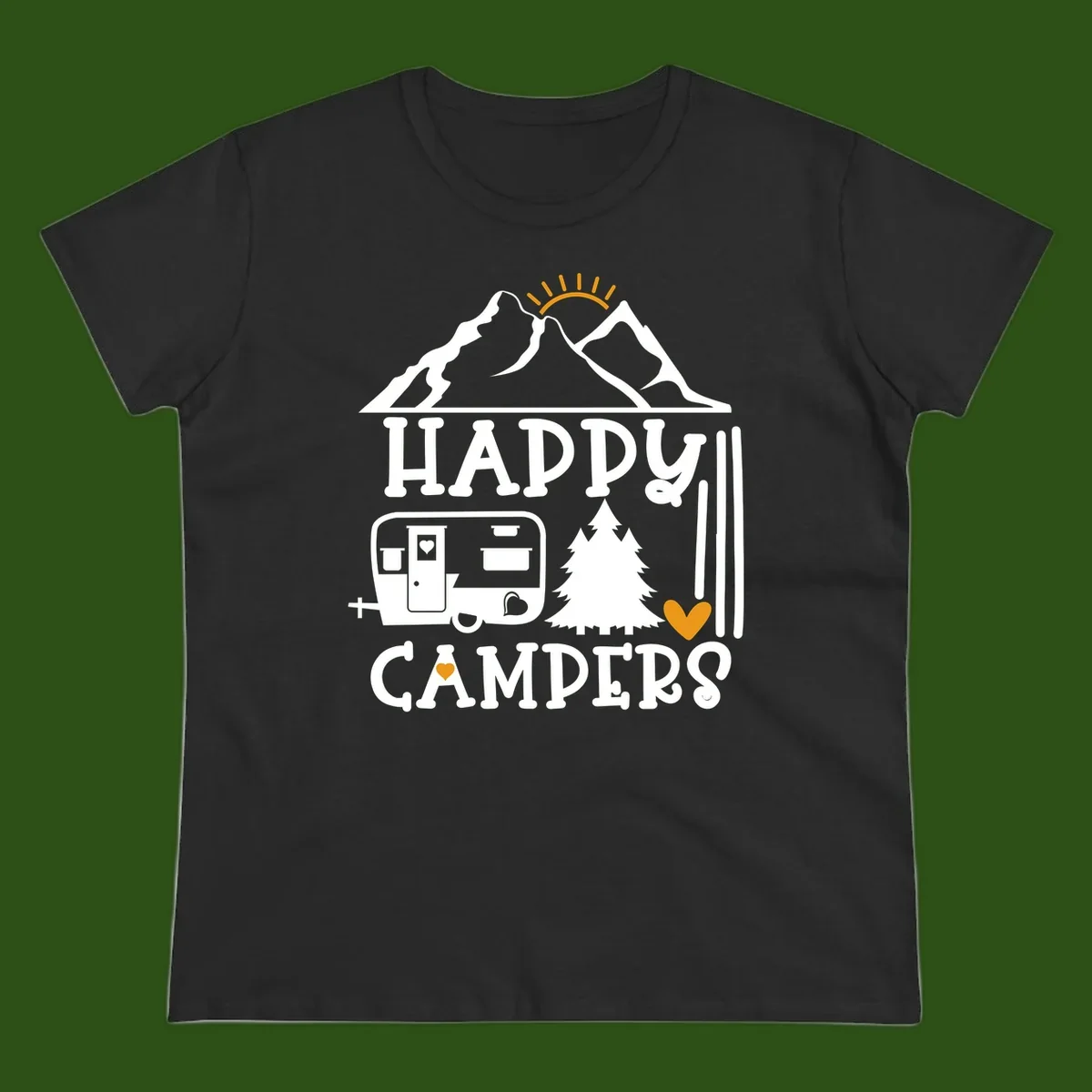 Happy Campers design with mountains, sun, RV trailer, evergreen tree, and gold hearts on gray background