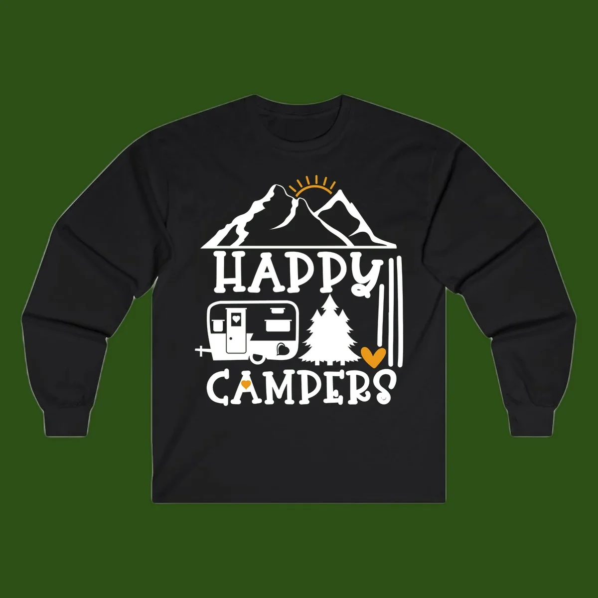 Happy Campers design with mountains, sun, RV trailer, evergreen tree, and gold hearts on gray background