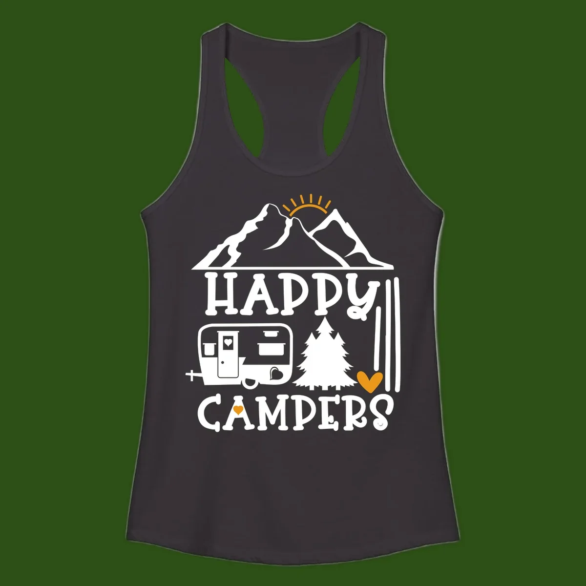 Happy Campers design with mountains, sun, RV trailer, evergreen tree, and gold hearts on gray background