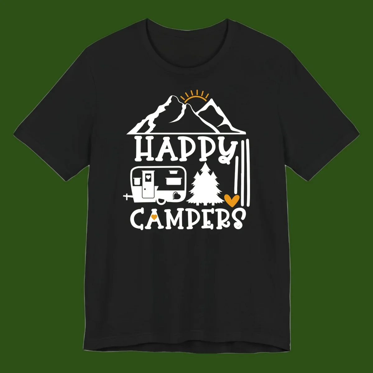 Happy Campers design with mountains, sun, RV trailer, evergreen tree, and gold hearts on gray background