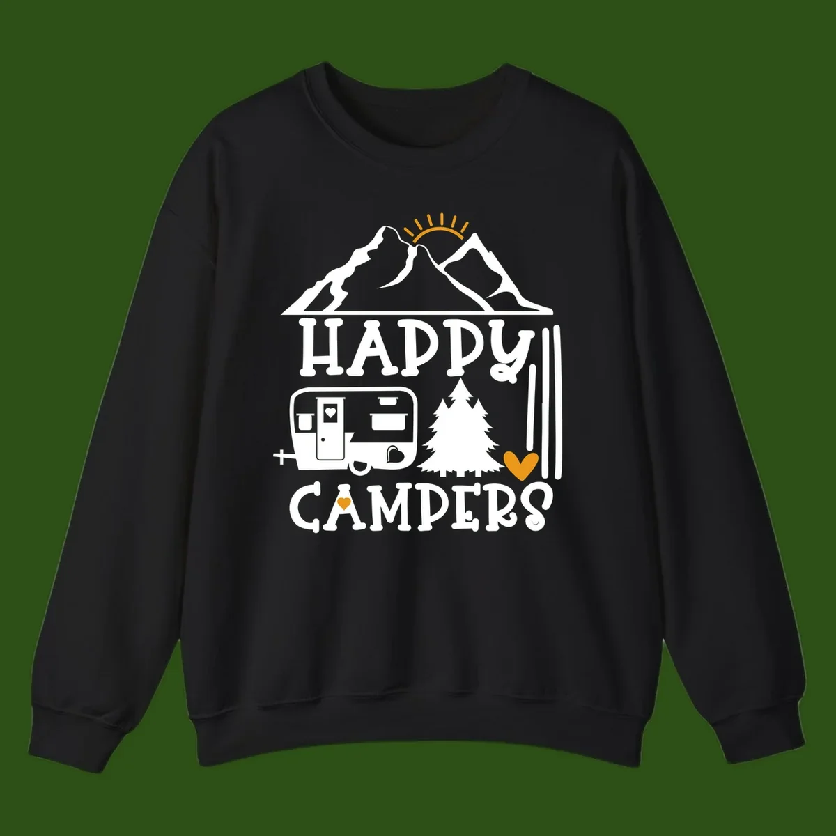 Happy Campers design with mountains, sun, RV trailer, evergreen tree, and gold hearts on gray background