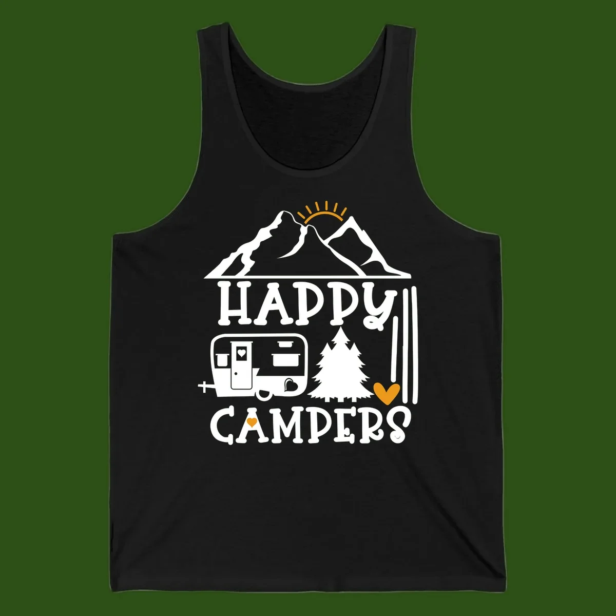 Happy Campers design with mountains, sun, RV trailer, evergreen tree, and gold hearts on gray background