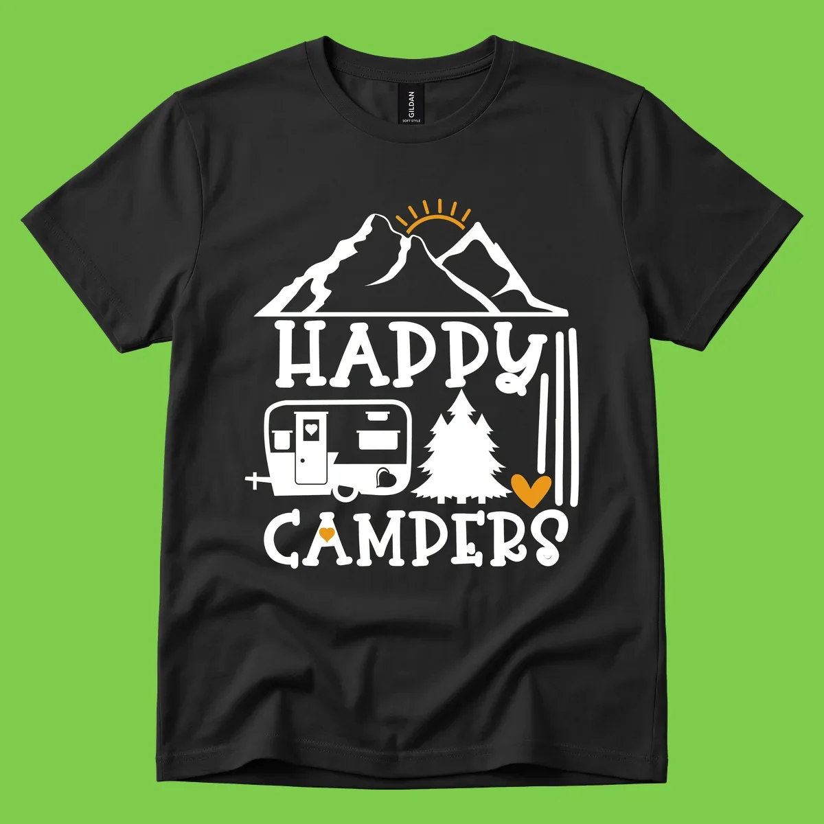 Happy Campers design with mountains, sun, RV trailer, evergreen tree, and gold hearts on gray background