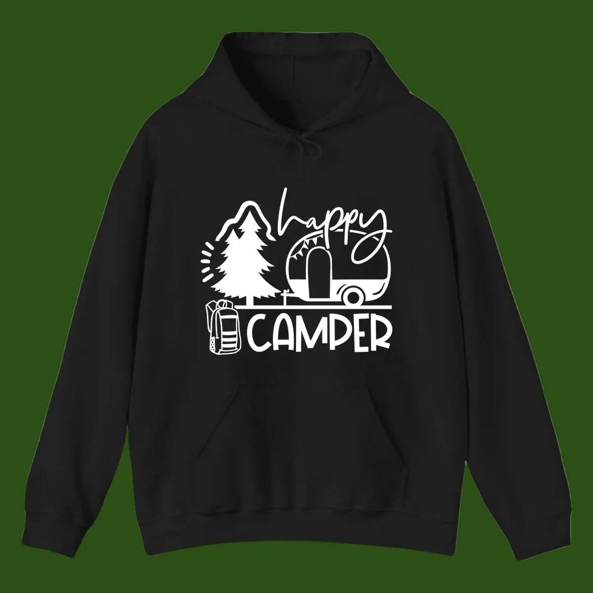 Happy Camper design with evergreen tree, vintage teardrop trailer, backpack, and radiating light rays in white on gray background.