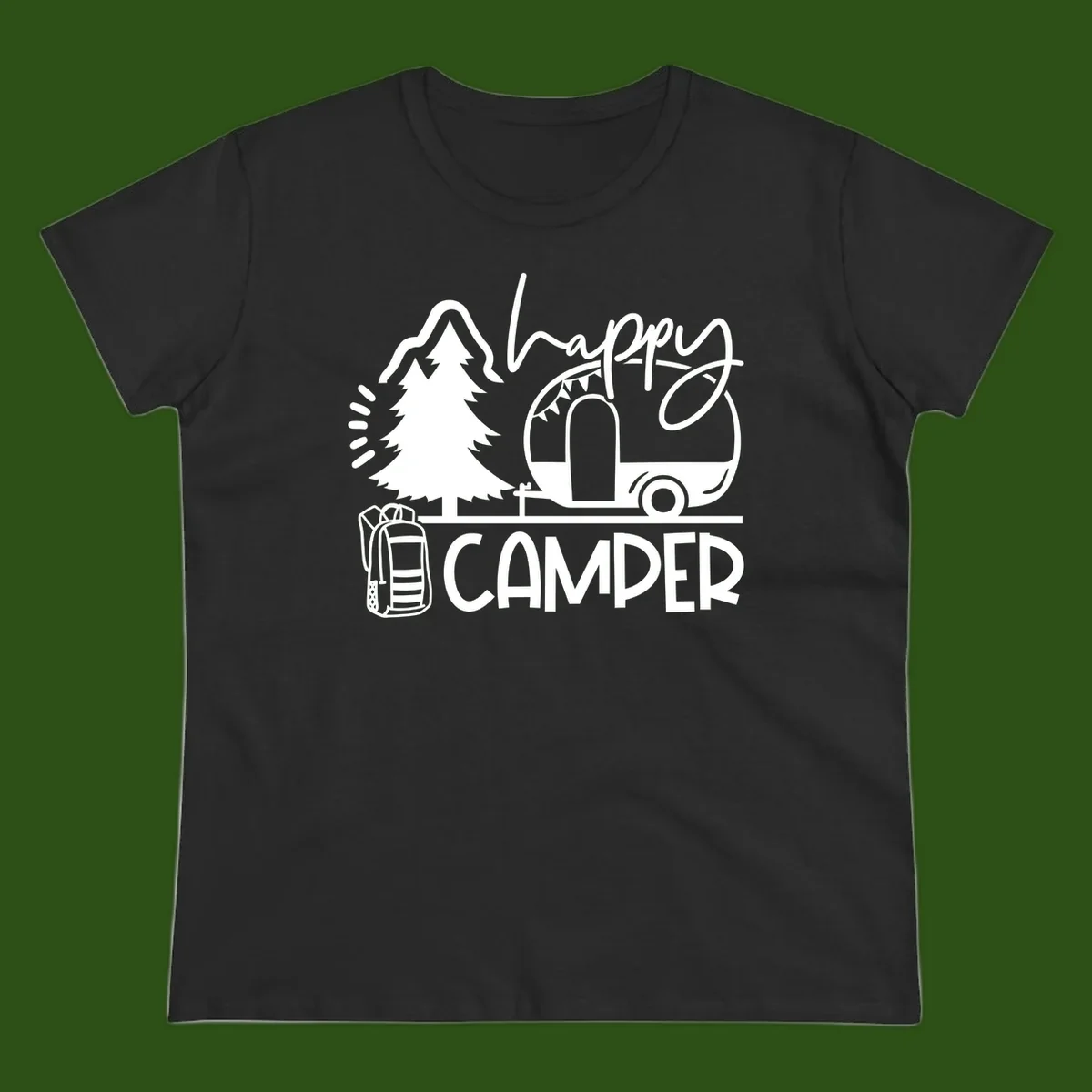 Happy Camper design with evergreen tree, vintage teardrop trailer, backpack, and radiating light rays in white on gray background.