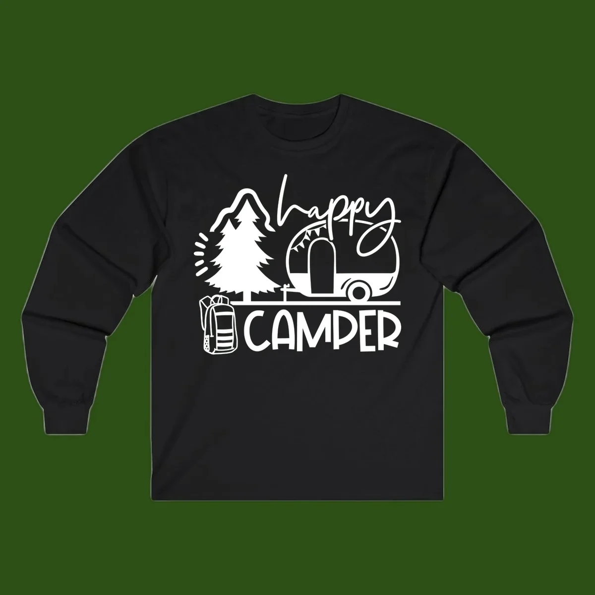 Happy Camper design with evergreen tree, vintage teardrop trailer, backpack, and radiating light rays in white on gray background.
