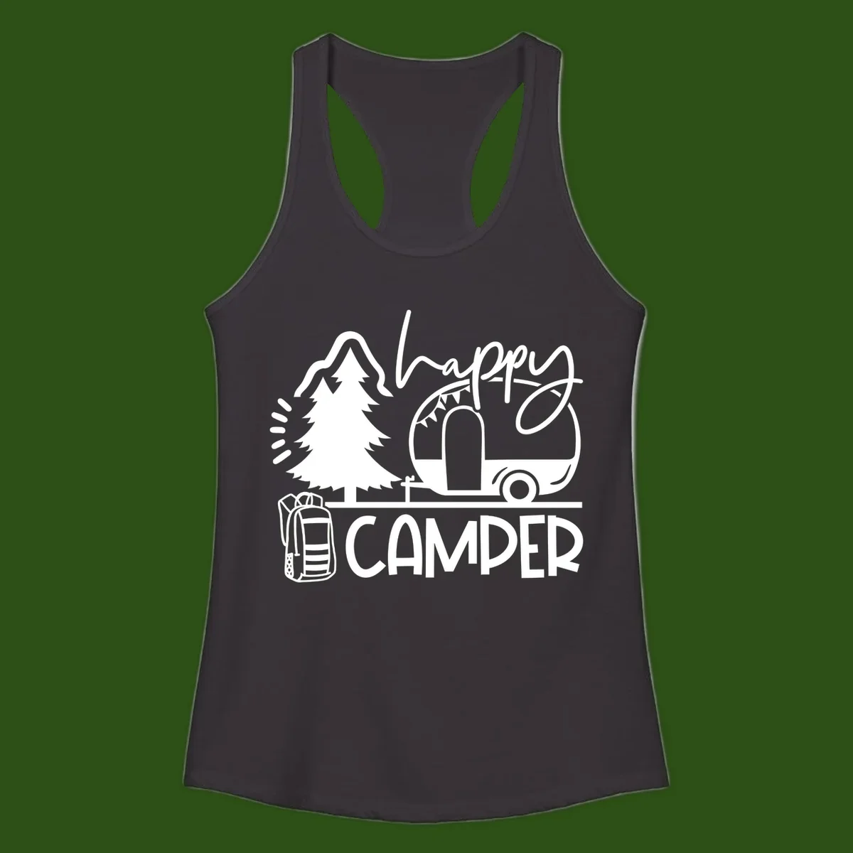Happy Camper design with evergreen tree, vintage teardrop trailer, backpack, and radiating light rays in white on gray background.