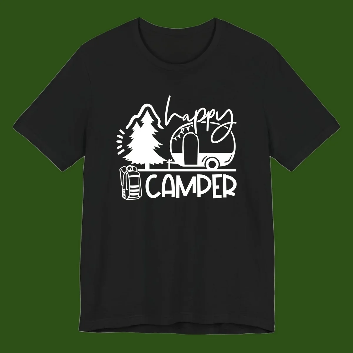 Happy Camper design with evergreen tree, vintage teardrop trailer, backpack, and radiating light rays in white on gray background.