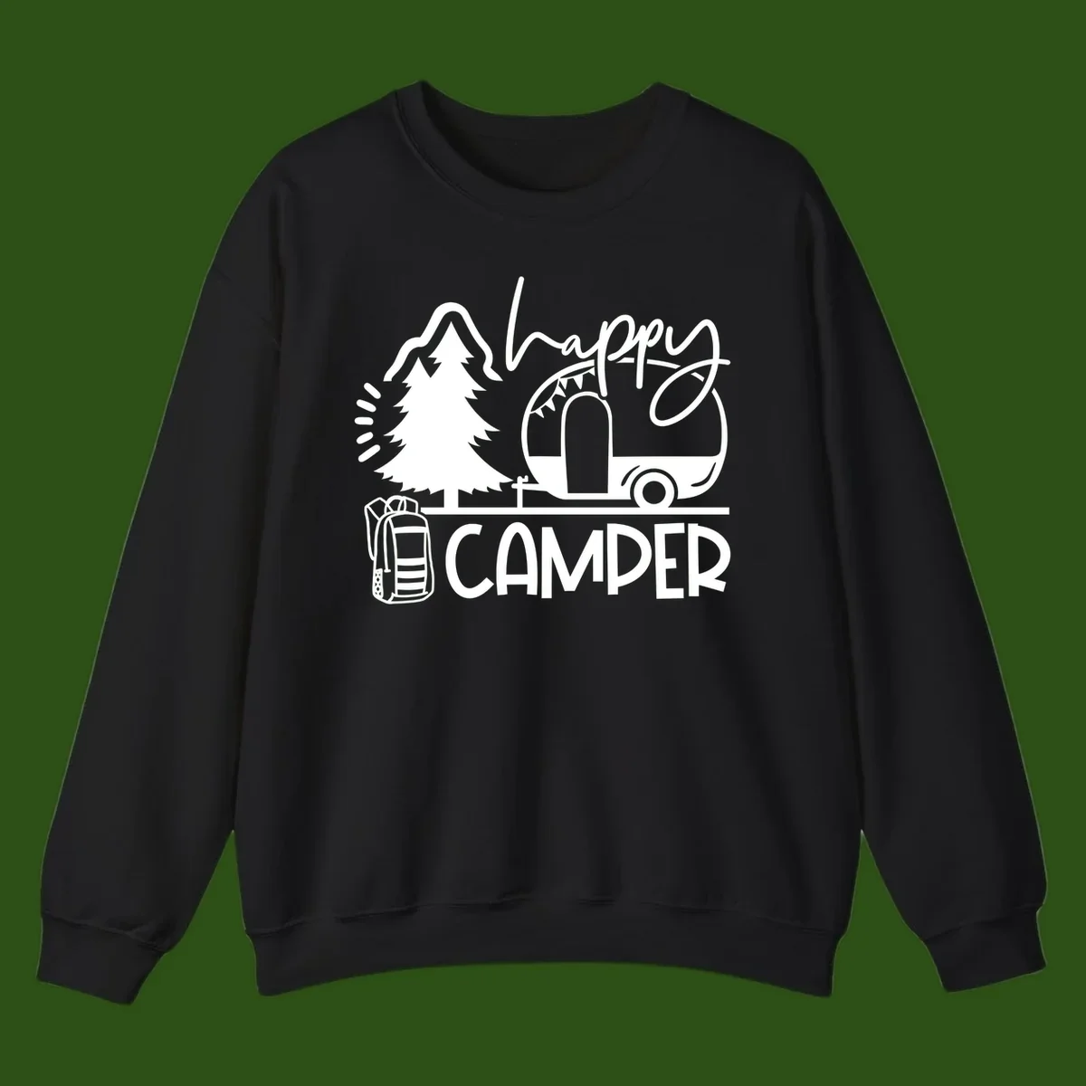 Happy Camper design with evergreen tree, vintage teardrop trailer, backpack, and radiating light rays in white on gray background.