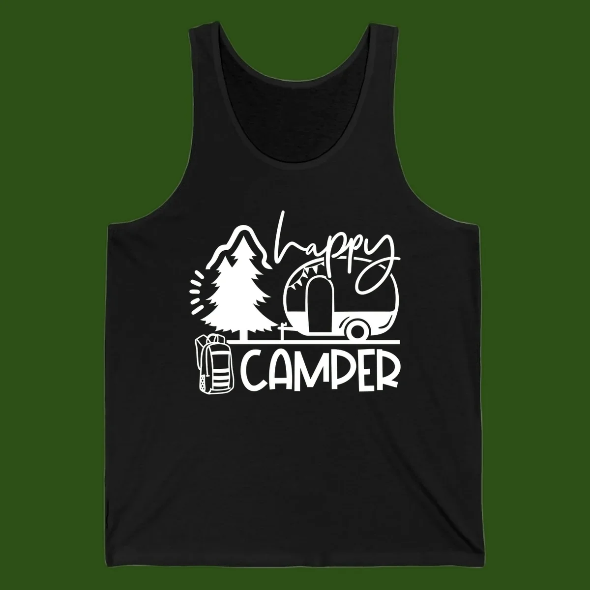 Happy Camper design with evergreen tree, vintage teardrop trailer, backpack, and radiating light rays in white on gray background.