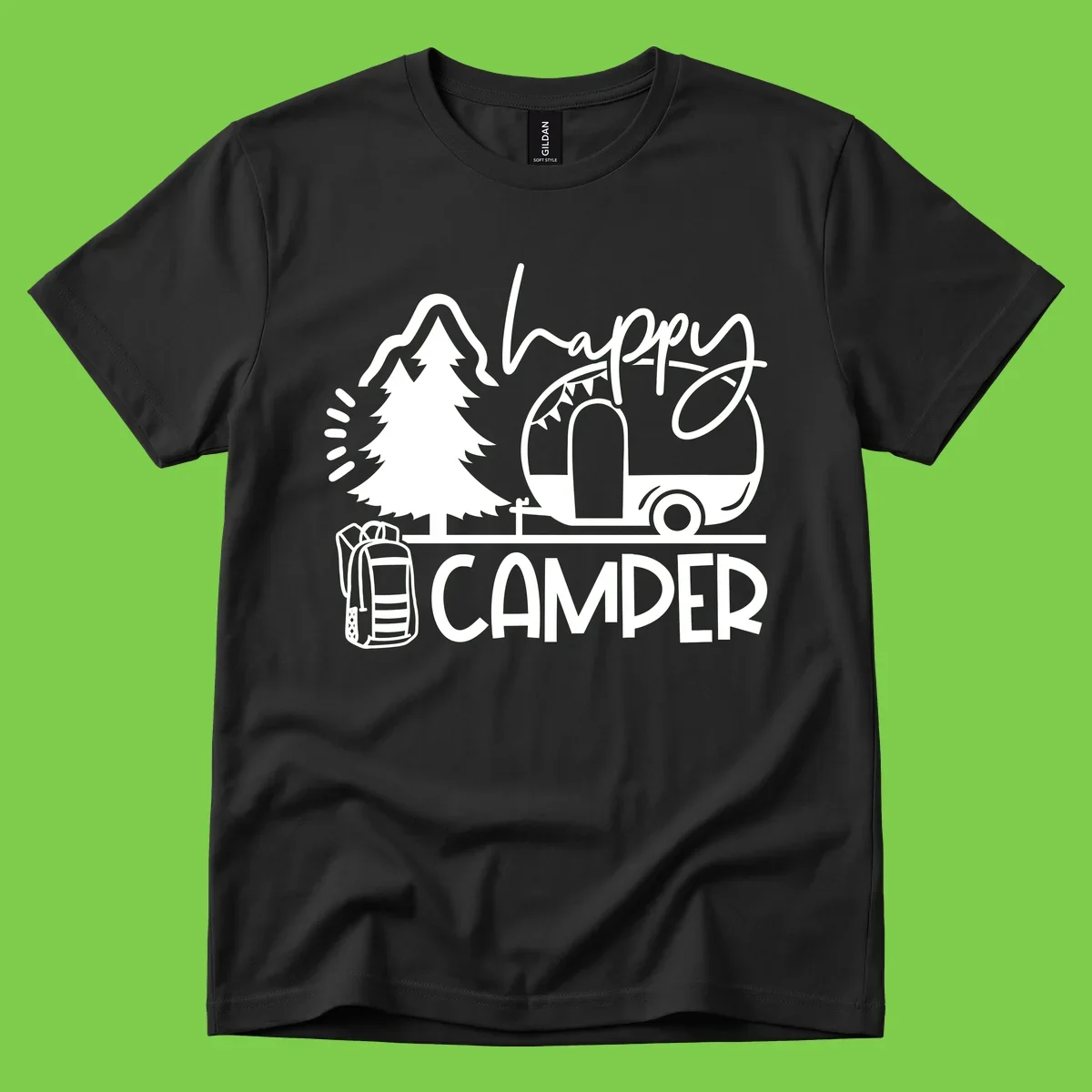 Happy Camper design with evergreen tree, vintage teardrop trailer, backpack, and radiating light rays in white on gray background.