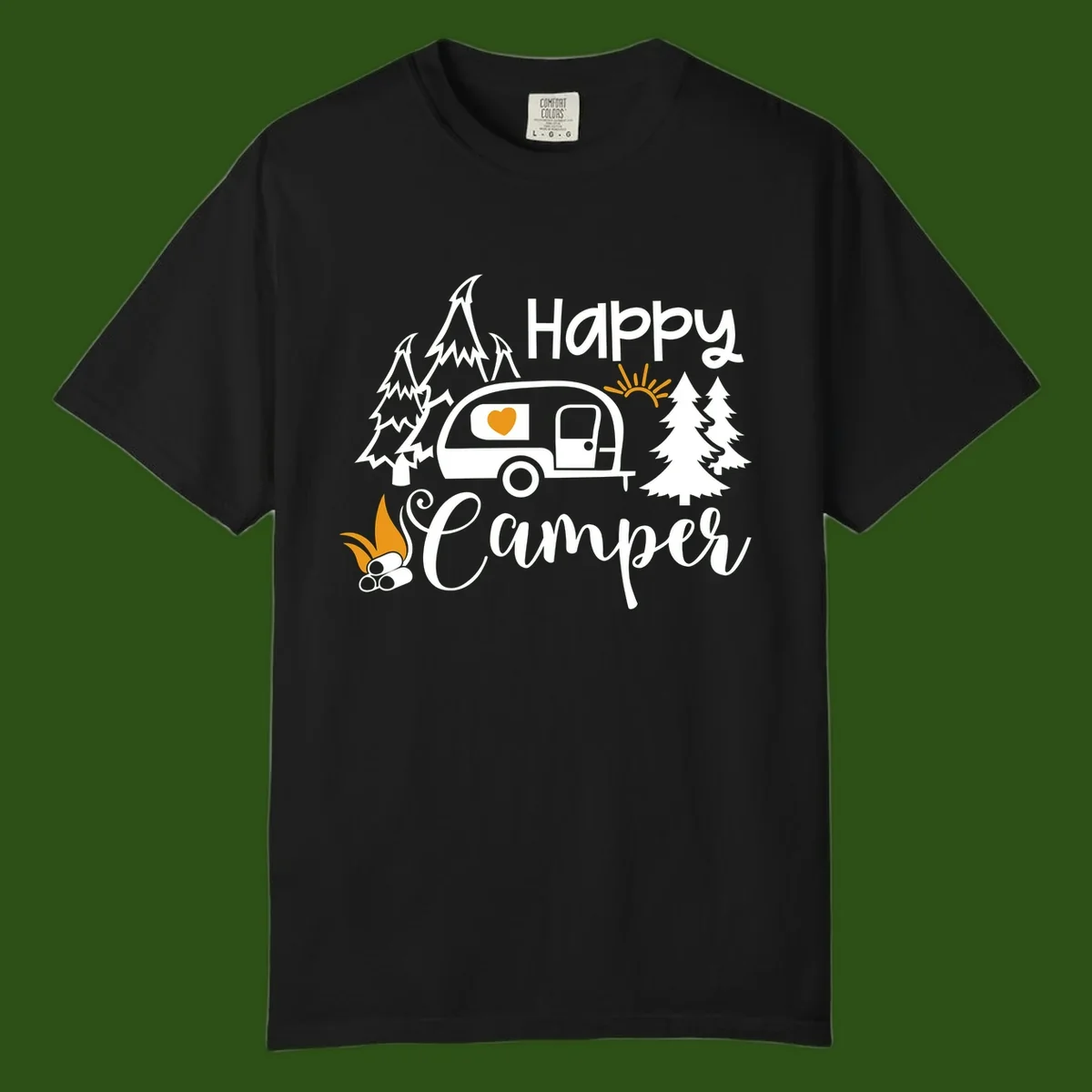 Happy Camper design featuring a retro travel trailer with heart window, surrounded by trees, campfire, and sun on gray background